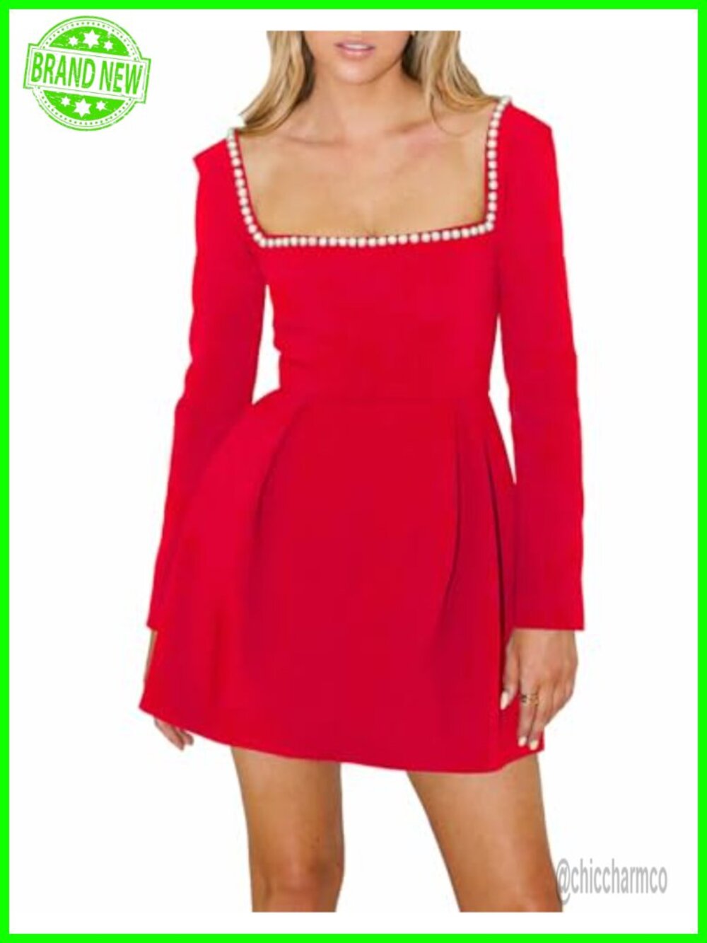 Women's Long Sleeve Mini Dress Pearl Square Neck Ruffle Hem Party Club Elegant